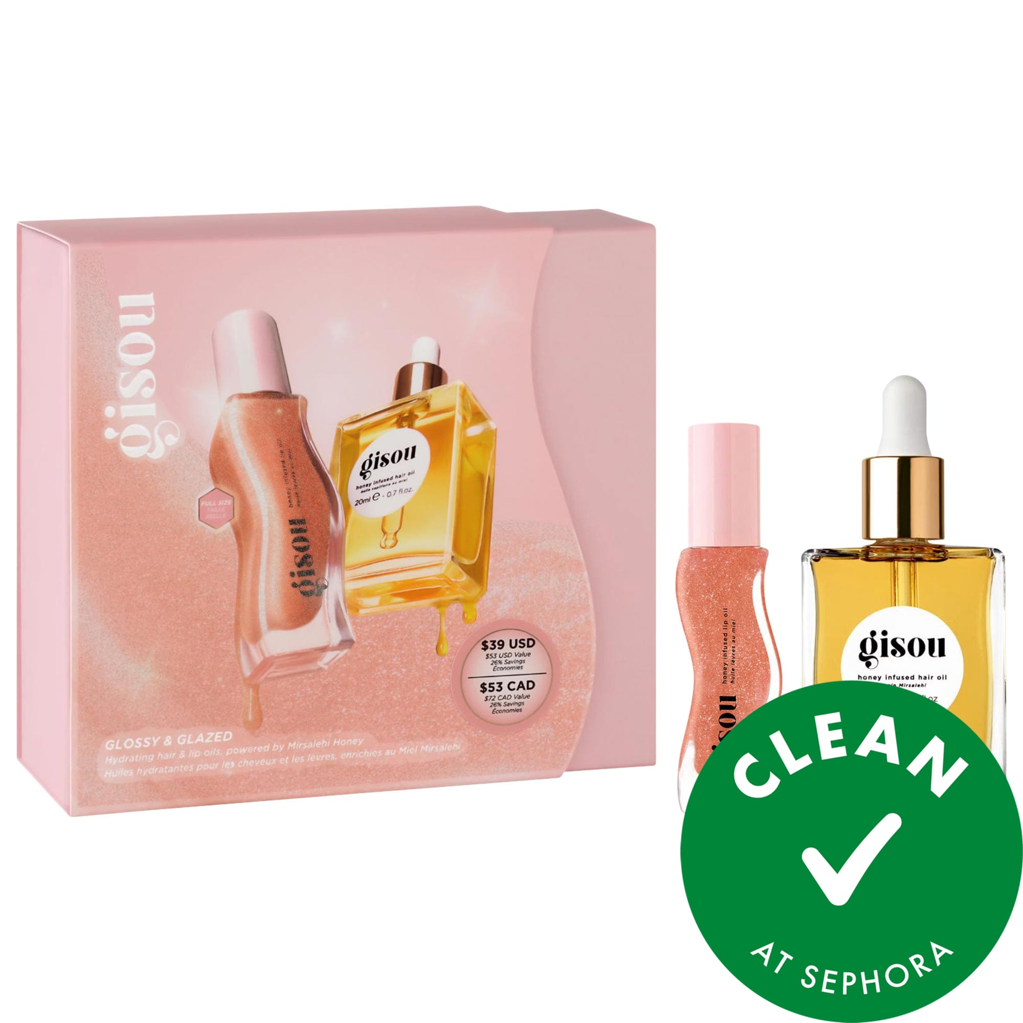 Gisou  набор Glossy&Glazed  Hair&Lip oil gift set (20мл.,8мл)